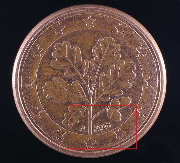[ 1 Cent coin, image made by means of the bellows system with Noritsu objective ]